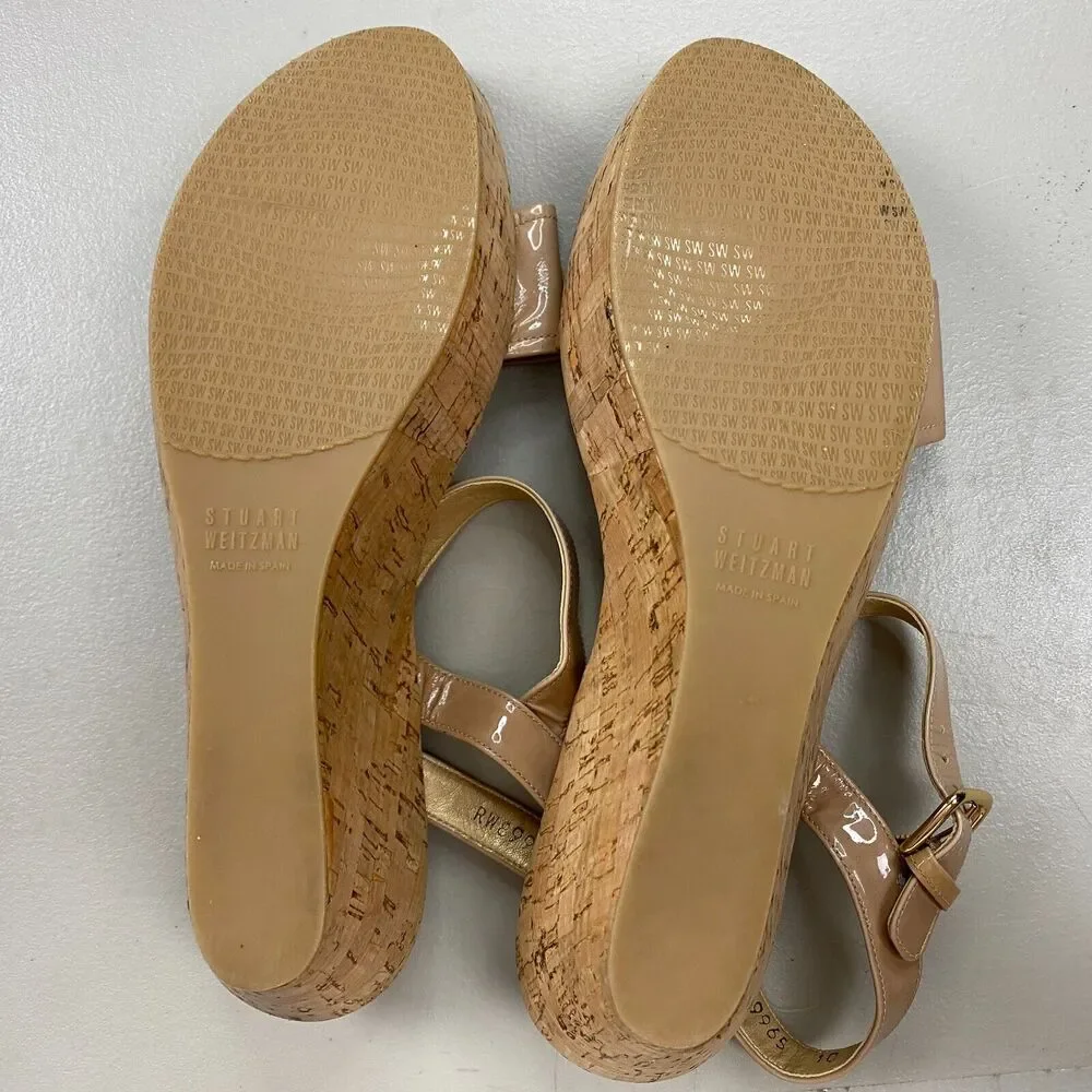 Stuart Weitzman Sandals Womens 10 Beige Cork Platform Wedge Slingback Patent - Picture 10 of 11